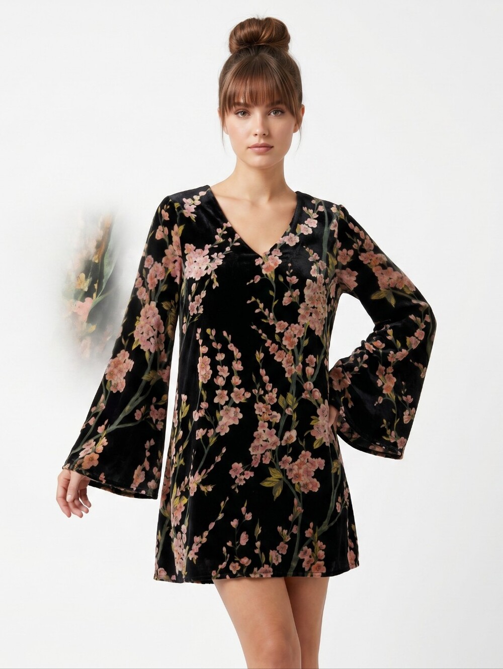 Velvet Black Cherry Blossom Bell Sleeve Mini Dress/Tunic Sm